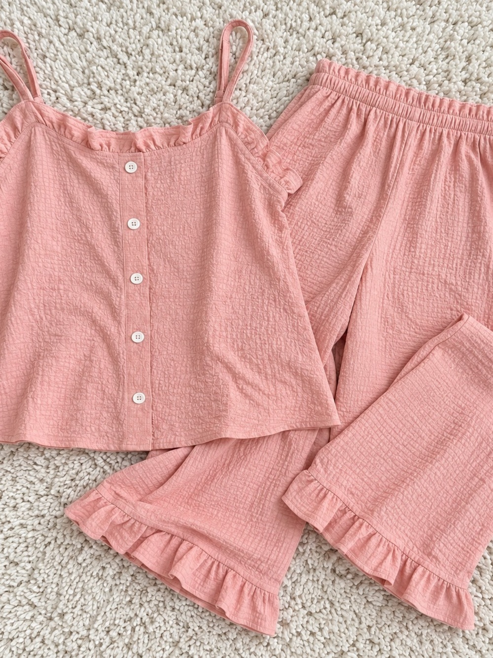 Ruffle-Trim Pink Cotton Cami & Pant Sleep Set